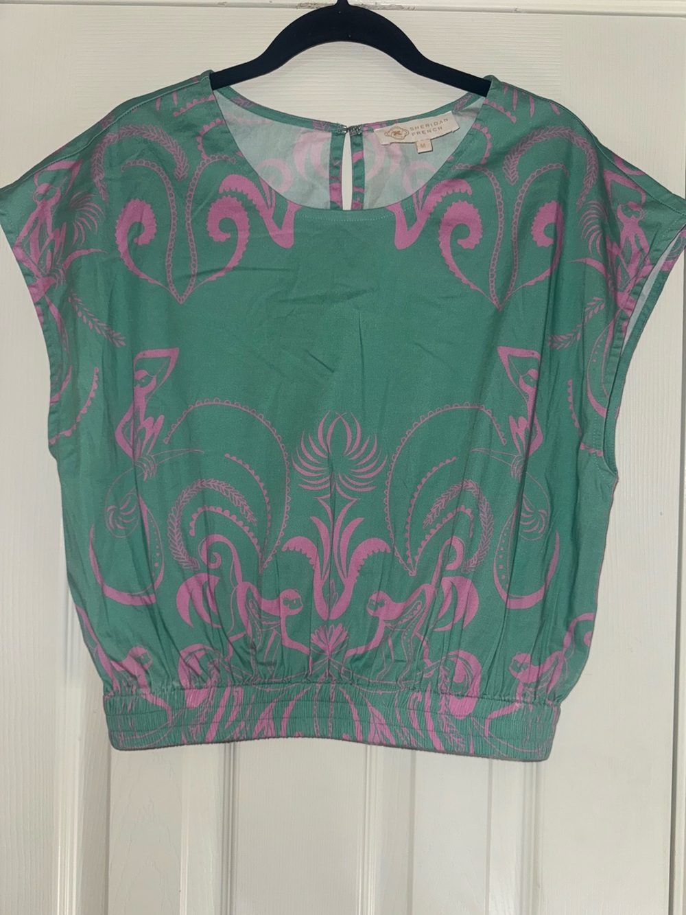 Sheridan French Teal Blouse with Pink Scroll Motif